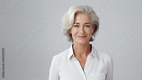 portrait of a senior woman with crossed arms on white background photo
