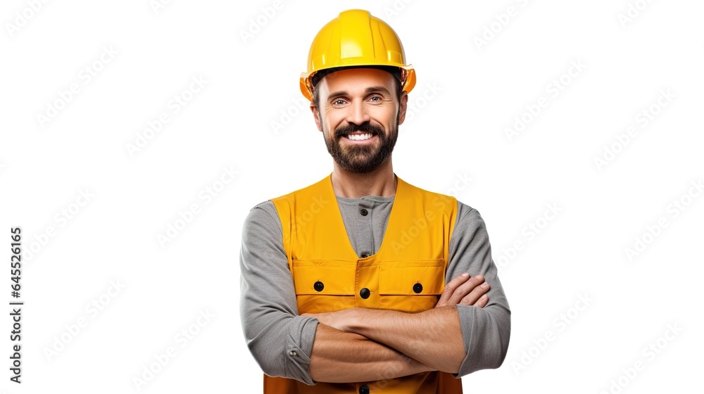 Portrait of a smiling worker and construction worker with helmet. generative ai Portrait of a smiling worker and construction worker with helmet. generative ai