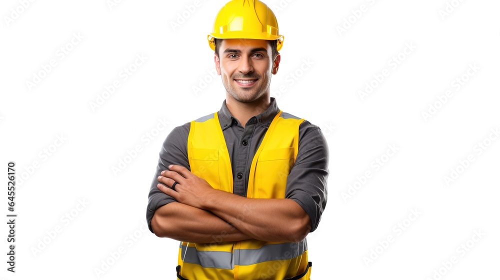 Portrait of a smiling worker and construction worker with helmet. generative ai