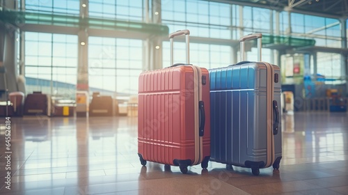 Suitcases at an airport departure lounge, an airplane in the backdrop, the concept of a summer vacation, and travel suitcases in an airport terminal waiting area. generative ai