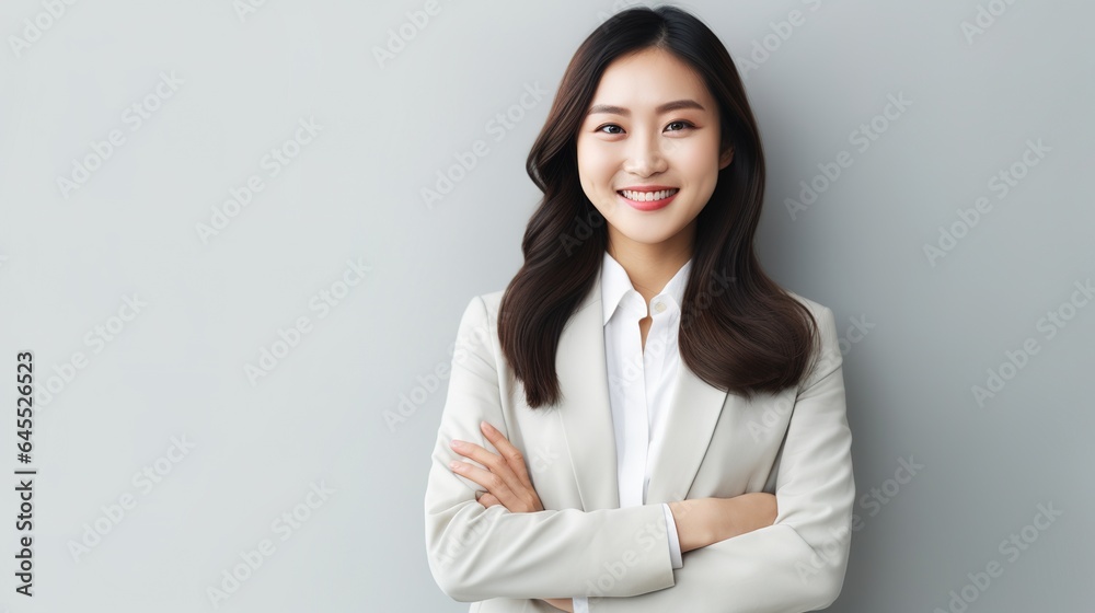 Standing position of a young Asian businesswoman smiling at the camera on an isolated white background. generative ai Standing position of a young Asian businesswoman smiling at the camera on an isolated white background. generative ai