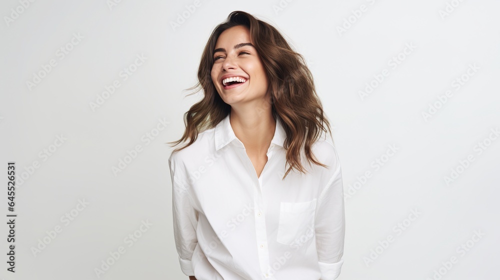 Smiling Brunette Woman in Studio Portrait Radiates Happiness and Beauty with a Fashionable Expression