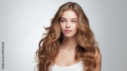 Smiling blonde woman with natural makeup and curly hairstyle, showcasing beauty and glamour in a studio portrait