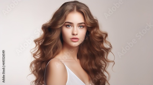 Smiling blonde woman with natural makeup and curly hairstyle, showcasing beauty and glamour in a studio portrait