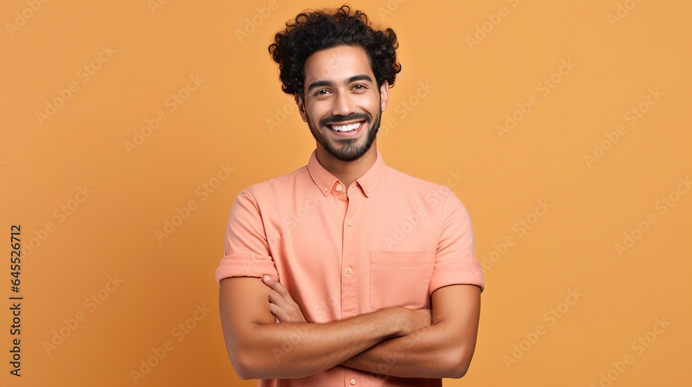 Fototapeta premium Happy man with crossed arms is isolated on a studio backdrop.