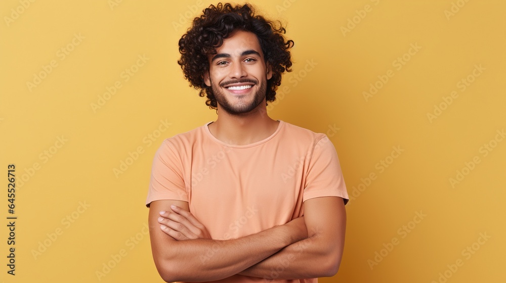 Confident and Charismatic: A young man with a warm smile and curly hair exudes confidence and positivity, standing against a vibrant yellow background, ready to inspire. Confident and Charismatic: A young man with a warm smile and curly hair exudes confidence and positivity, standing against a vibrant yellow background, ready to inspire.