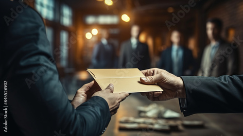 Businessman receive bribe money in envelope to business people to give success the deal contract of investment, Bribery and corruption concept. 