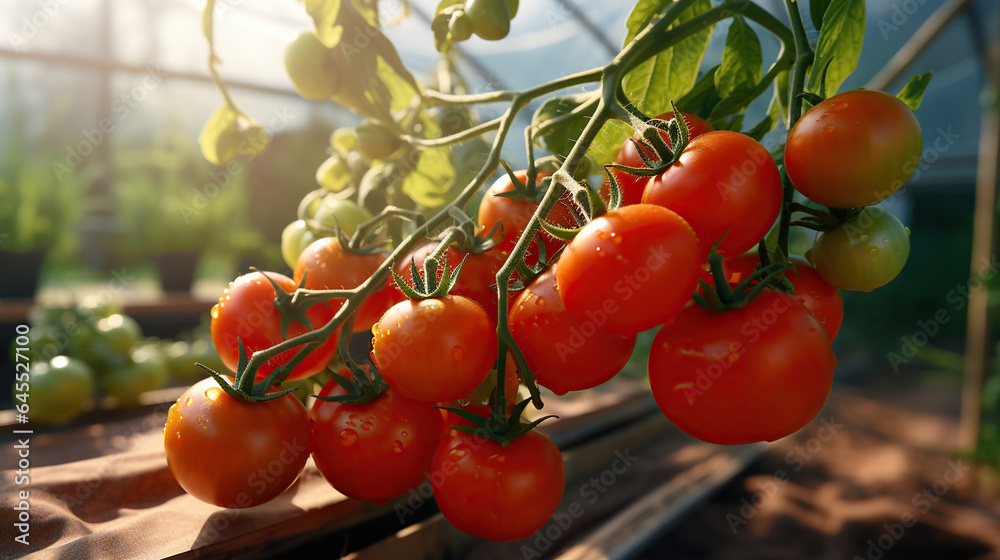 Ripe juicy red tomatoes in the greenhouse. Generative AI
