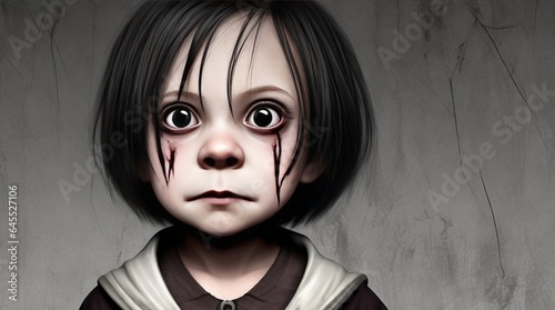 Scary Horror Kid Background. Frightening Child in a Haunted House at Night. Creepy Atmosphere. Generative AI