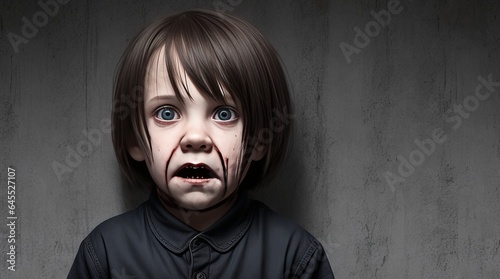 Scary Horror Kid Background. Frightened Child in a Haunted House. Creepy Atmosphere. Generative AI