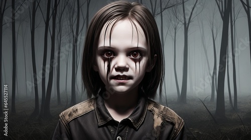 Scary Horror Kid Background. Frightening Child in a Haunted Forest. Creepy Atmosphere. Generative AI