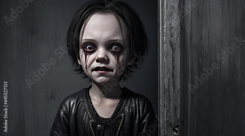 Scary Angry Horror Kid Background. Frightening Child in a Haunted House. Creepy Atmosphere. Generative AI
