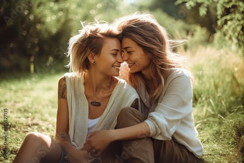 joyful young women, a loving lesbian couple embracing their freedom to express their affection