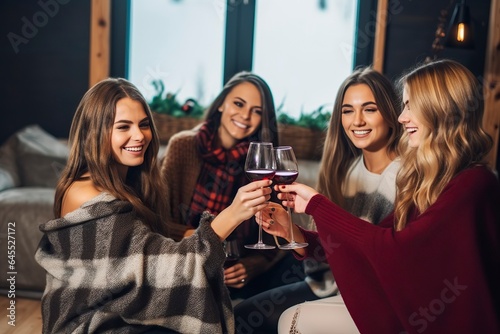 Group of recently emancipated young girls drinking alcohol, wine, for the first time.