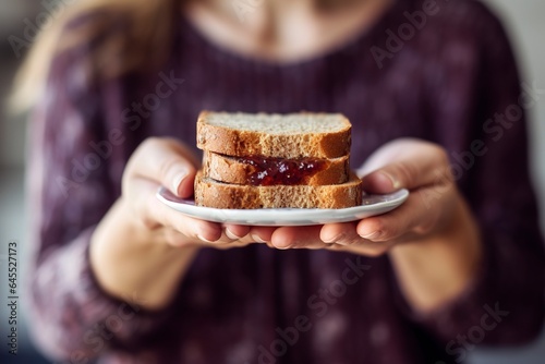 In detail  a woman holds toast with jam on a plate. Breakfast or snack with a high glucose index.