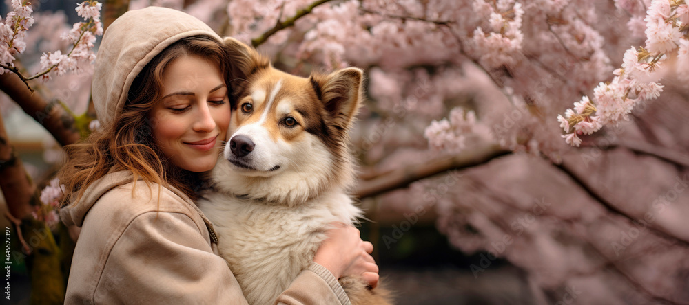 A Bond Beyond Words: Capturing the Love Between a Young Woman and Her Fluffy Canine Companion Amidst Cherry Blossoms.  Embrace with Her Beloved Dog