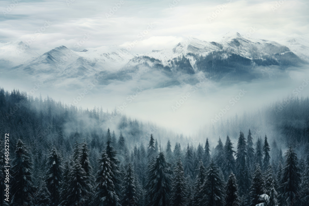 Snow-covered mountains and pine trees