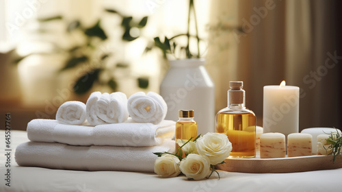 A Haven of Relaxation. Spa Setting with Towels, Herbal Bags, and Beauty Rituals. Generative AI