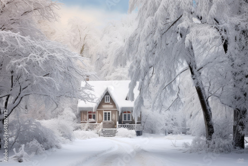 Snow-covered trees and a charming cottage in the midst of a snowfall