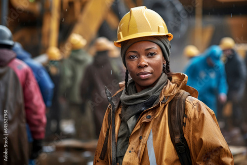Breaking Barriers: A Portrait of a Black Female Construction Worker with Excavators in the Background.   © Mr. Bolota