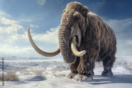 A woolly mammoth walking across a frozen tundra