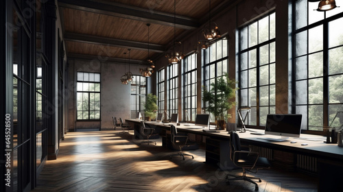 Front view of an office interior with a row of dark wood tables standing under large windows. cool