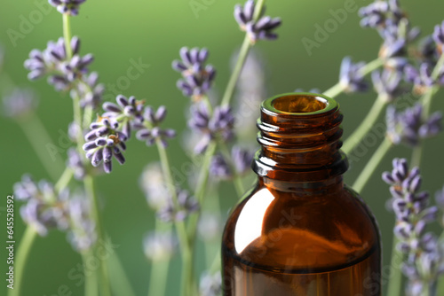 Bottle with essential oil near lavender on green background, closeup. Space for text