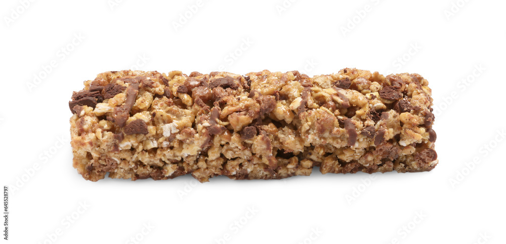 One tasty granola bar isolated on white One tasty granola bar isolated on white