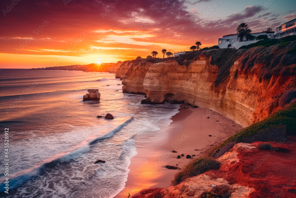 Golden Hour Majesty: Algarve Cliffs and Unique Beaches in the Radiant Sunset. Sunset Serenity in Algarve

