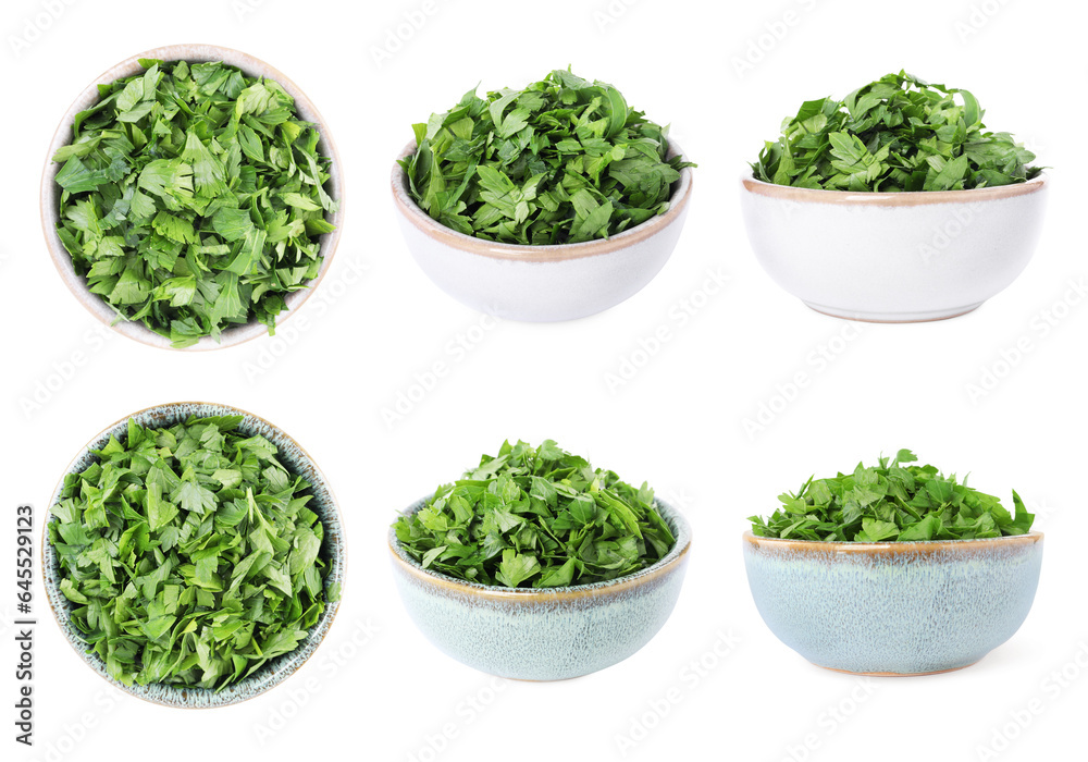 Collage with cut parsley in bowls isolated on white, top and side views Collage with cut parsley in bowls isolated on white, top and side views