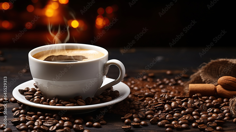 Hot coffee in a white coffee cup and many coffee beans placed around on a wooden table in a warm, light atmosphere, on dark background. Generative AI Hot coffee in a white coffee cup and many coffee beans placed around on a wooden table in a warm, light atmosphere, on dark background. Generative AI