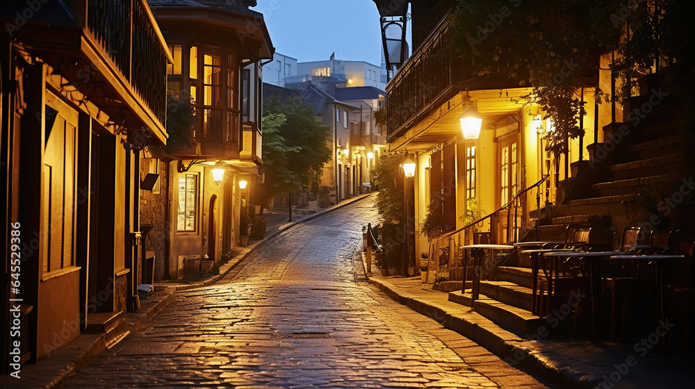 Exploring Old Town's Historic Streets at Night. Generative AI