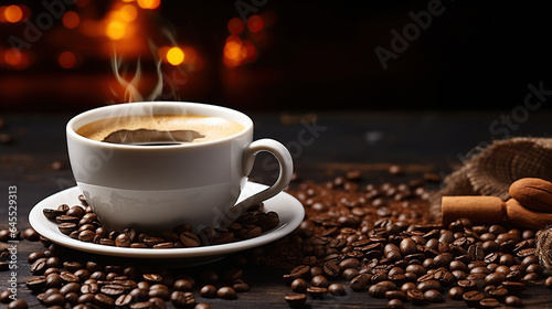 Hot coffee in a white coffee cup and many coffee beans placed around on a wooden table in a warm  light atmosphere  on dark background. Generative AI