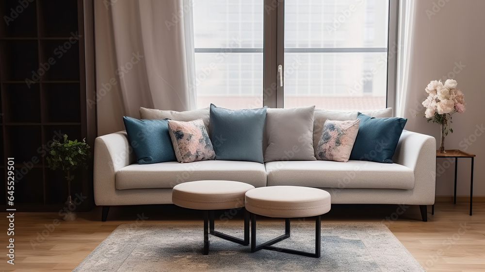 Fototapeta premium Transforming Your Living Room into a Relaxation Sanctuary with a Plush Sofa. Generative AI