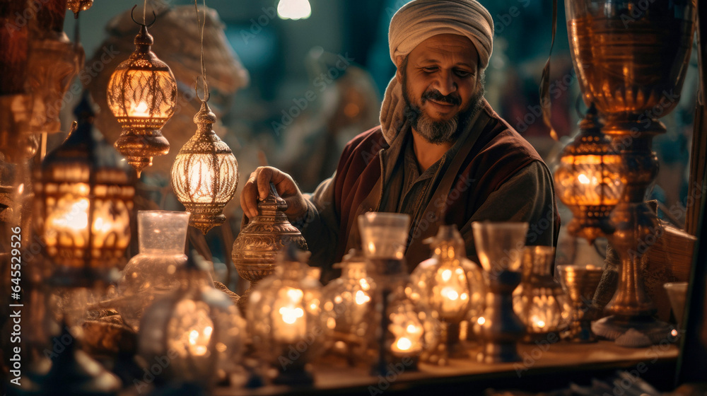Lamp Vendor: Capturing the Essence of an Arabic Man in the Lively Atmosphere of a Local Street Market.
Lamp Vendor: Capturing the Essence of an Arabic Man in the Lively Atmosphere of a Local Street Market.