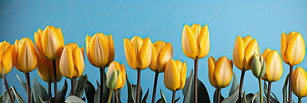 Obraz premium tulips on blue background, copy space
