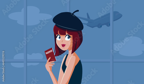 Travel Girl Holding her Passport in an Airport Vector Cartoon illustration. Happy tourist ready to travel around the world 
