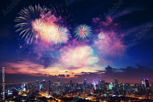 Fireworks over the city. Merry christmas and happy new year concept