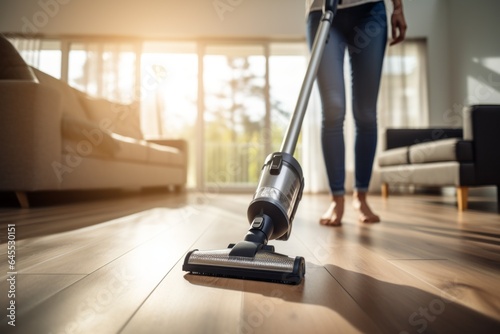 Vacuum cleaner with selective focus on blurred background of home interior