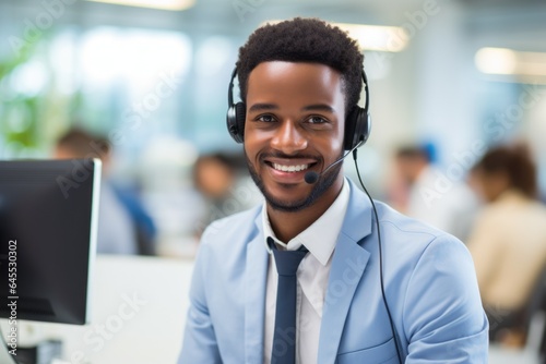 Man with headphones in the office at work. Modern call center or support service.