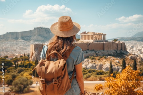 Woman on a journey. Vacation trip, travel concept. Background with selective focus and copy space