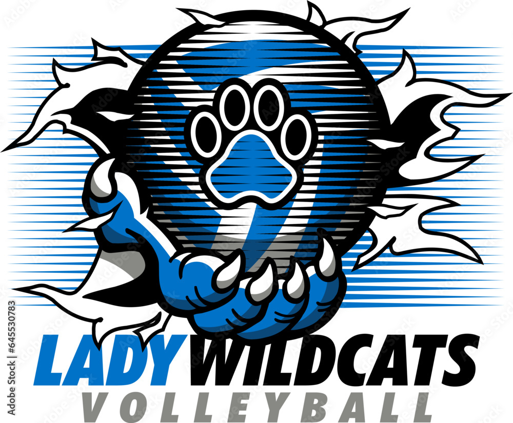 lady wildcats volleyball team design with claw holding ball and net for school, college or league