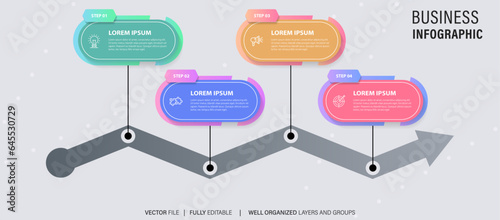Timeline infographic with infochart. Modern presentation template with 4 spets for business process. Website template on white background for concept modern design. Horizontal layout