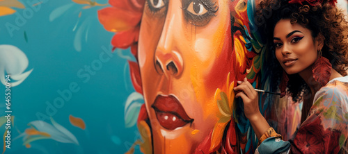 Urban Canvas: Painting Vibrant Colors with Brush, Street Art of a Talented Woman - Ai Generative 