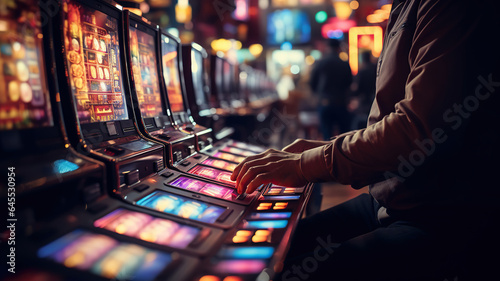 A person playing a slot machine in a casino. Generative AI