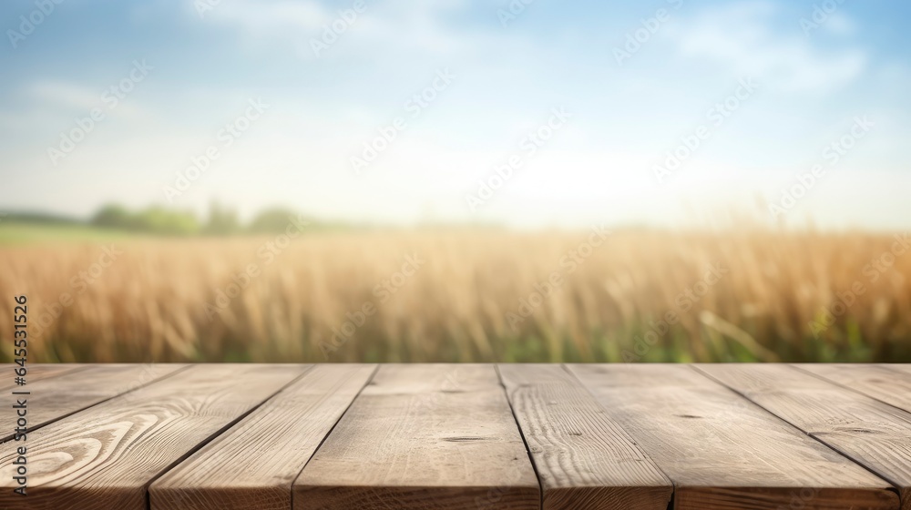 Empty wooden desk with blurred field and clouds background. Copy space. Space for text Empty wooden desk with blurred field and clouds background. Copy space. Space for text