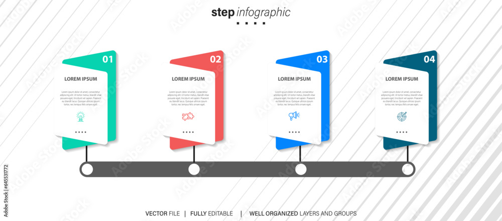 Abstract business line arrow infographic template with 4 options. Colorful diagram, timeline and schedule isolated on light background.