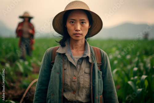 Fields of Dedication: A Chinese Woman, a Diligent Farmer Worker, Standing in Front of Blurred Agricultural Fields.