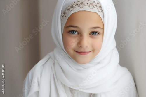 portrait a muslim child girl in hijab, super close up, hyper realistic and detail, bautiful dreamy light, create using generative AI tools.