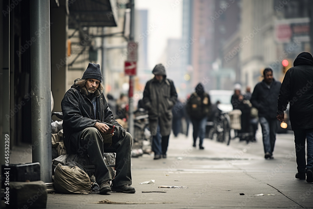 Homeless encampment on an urban street.  - obrazy, fototapety, plakaty 